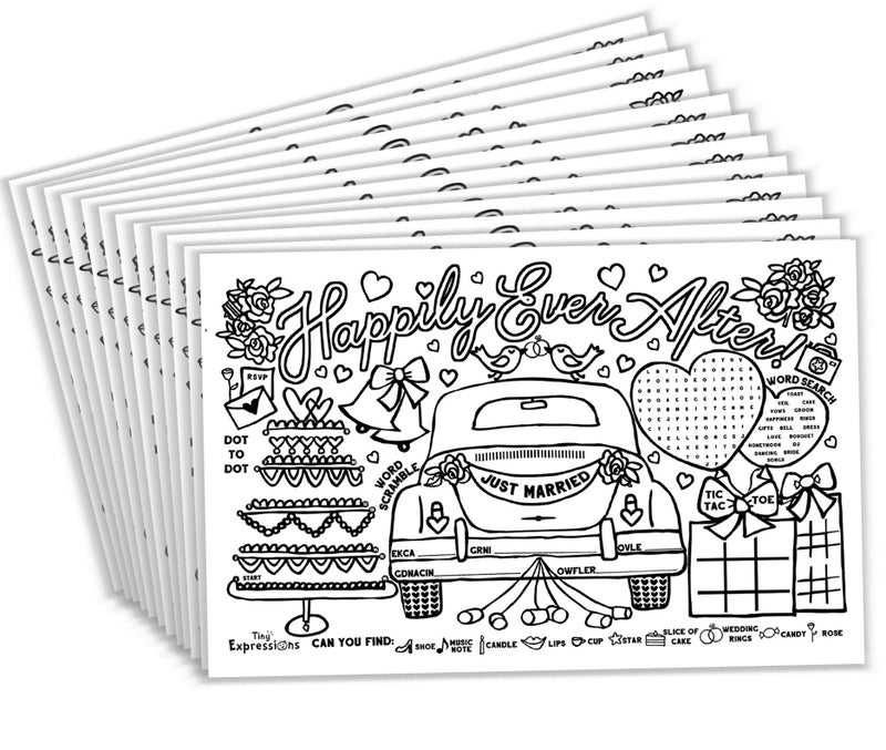 Tiny Expressions - Wedding Activity Placemats for Kids â€“ Pack of 12 Disposable Coloring Paper Mats for Wedding Table DÃ©cor, Includes Activities & Games for Kids - Image 1